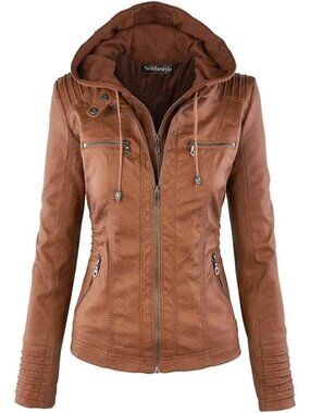 Women's Brown Hooded Faux Leather Long Sleeve Zipper Motorcycle Jacket